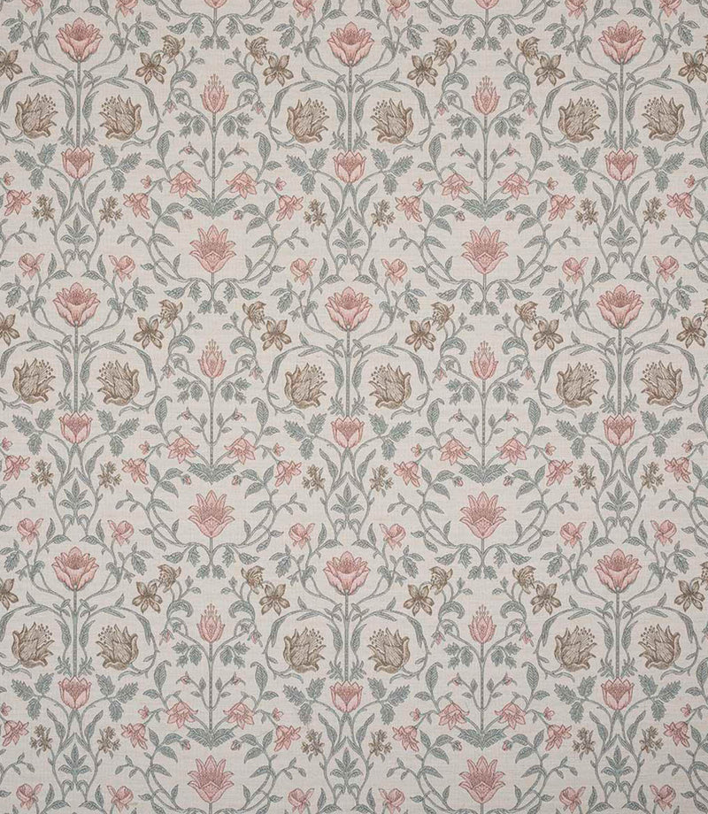 Elegant designer fabric with a classic floral pattern in muted rose pink, sage green and soft taupe tones on a warm neutral background, arranged in a balanced, repeating botanical design.