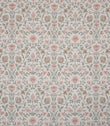 Elegant designer fabric with a classic floral pattern in muted rose pink, sage green and soft taupe tones on a warm neutral background, arranged in a balanced, repeating botanical design.