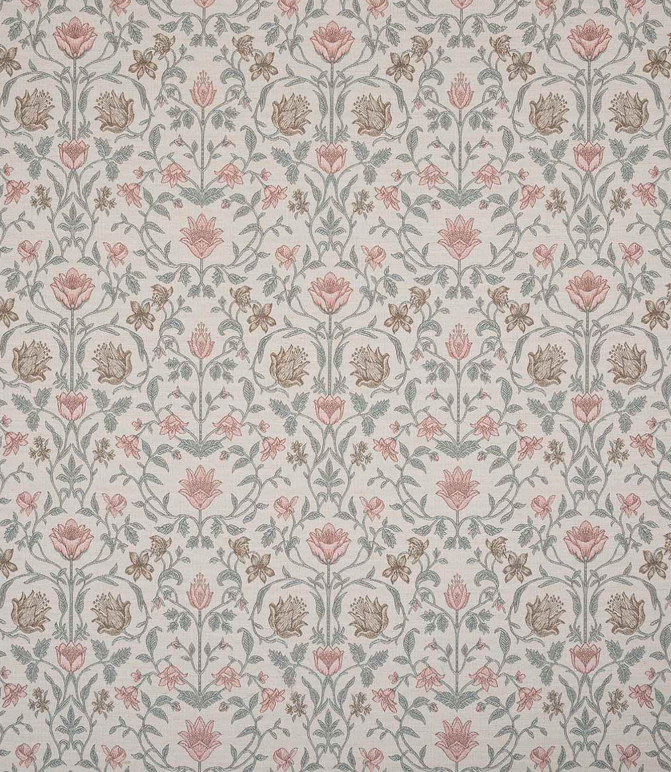 Elegant designer fabric with a classic floral pattern in muted rose pink, sage green and soft taupe tones on a warm neutral background, arranged in a balanced, repeating botanical design.