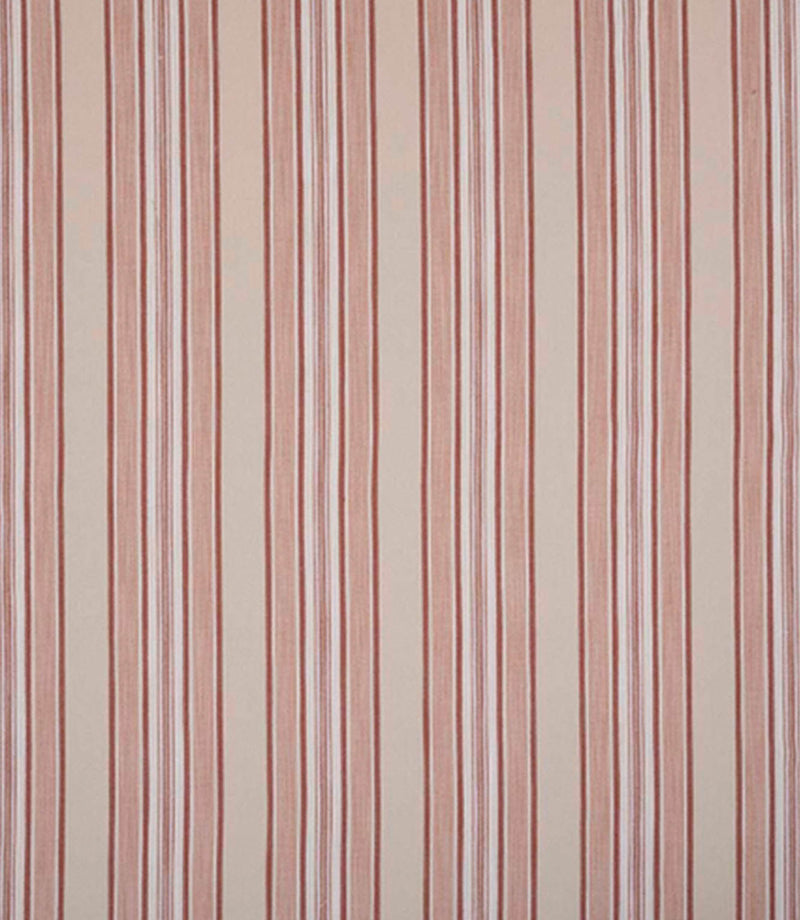Woven stripe fabric with alternating fine and wider vertical lines in warm red tones on a soft neutral background, featuring gentle texture and a relaxed, classic feel.