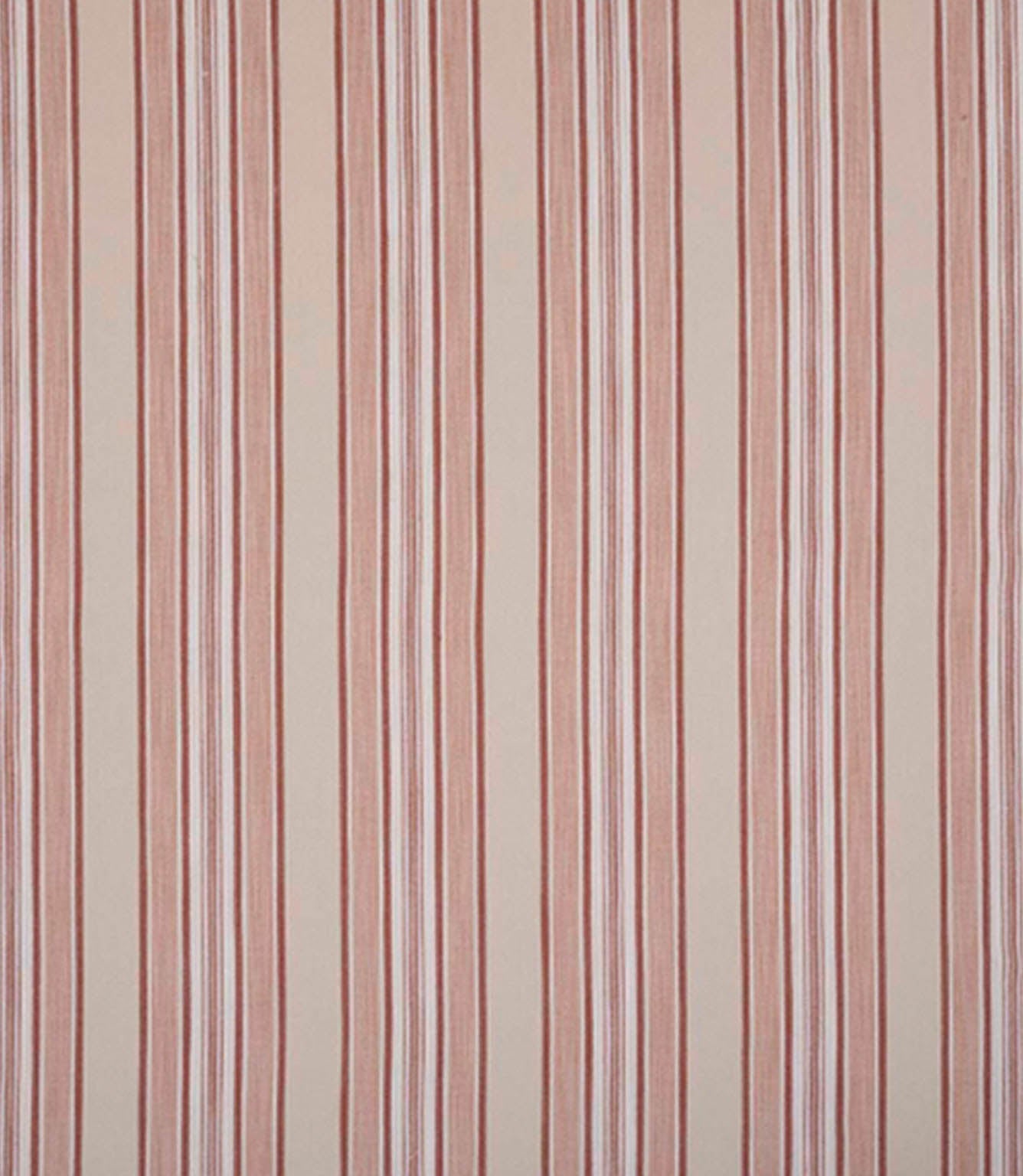 Woven stripe fabric with alternating fine and wider vertical lines in warm red tones on a soft neutral background, featuring gentle texture and a relaxed, classic feel.