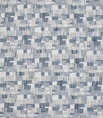 Detailed view of contemporary woven fabric showing a small-scale geometric check design in muted blue and neutral shades, with subtle variation in texture and depth.