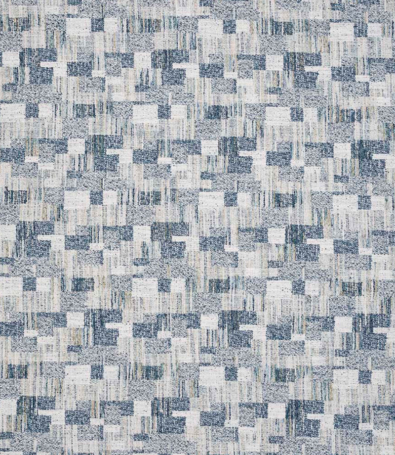 Detailed view of contemporary woven fabric showing a small-scale geometric check design in muted blue and neutral shades, with subtle variation in texture and depth.