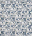 Detailed view of contemporary woven fabric showing a small-scale geometric check design in muted blue and neutral shades, with subtle variation in texture and depth.