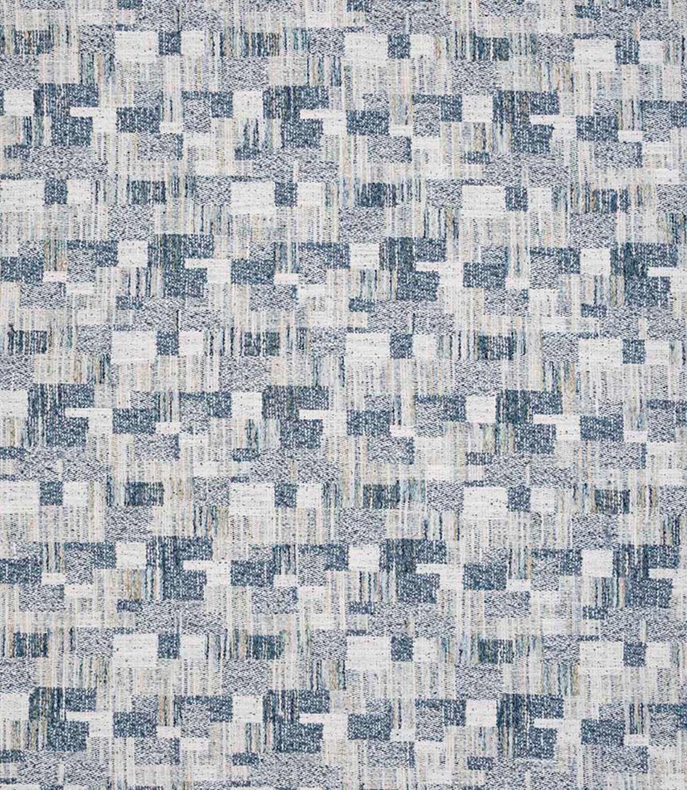 Detailed view of contemporary woven fabric showing a small-scale geometric check design in muted blue and neutral shades, with subtle variation in texture and depth.