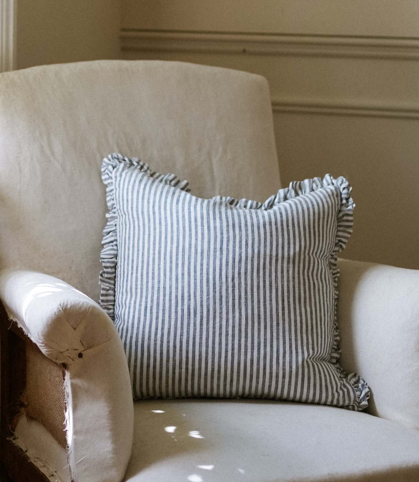 The Provence Ticking Stripe Washed Linen Cushion Blue