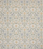 Refined traditional fabric showcasing a detailed floral and foliage pattern in soft butter yellow, pale blue and gentle green hues on a light neutral ground, creating a subtle and airy look.
