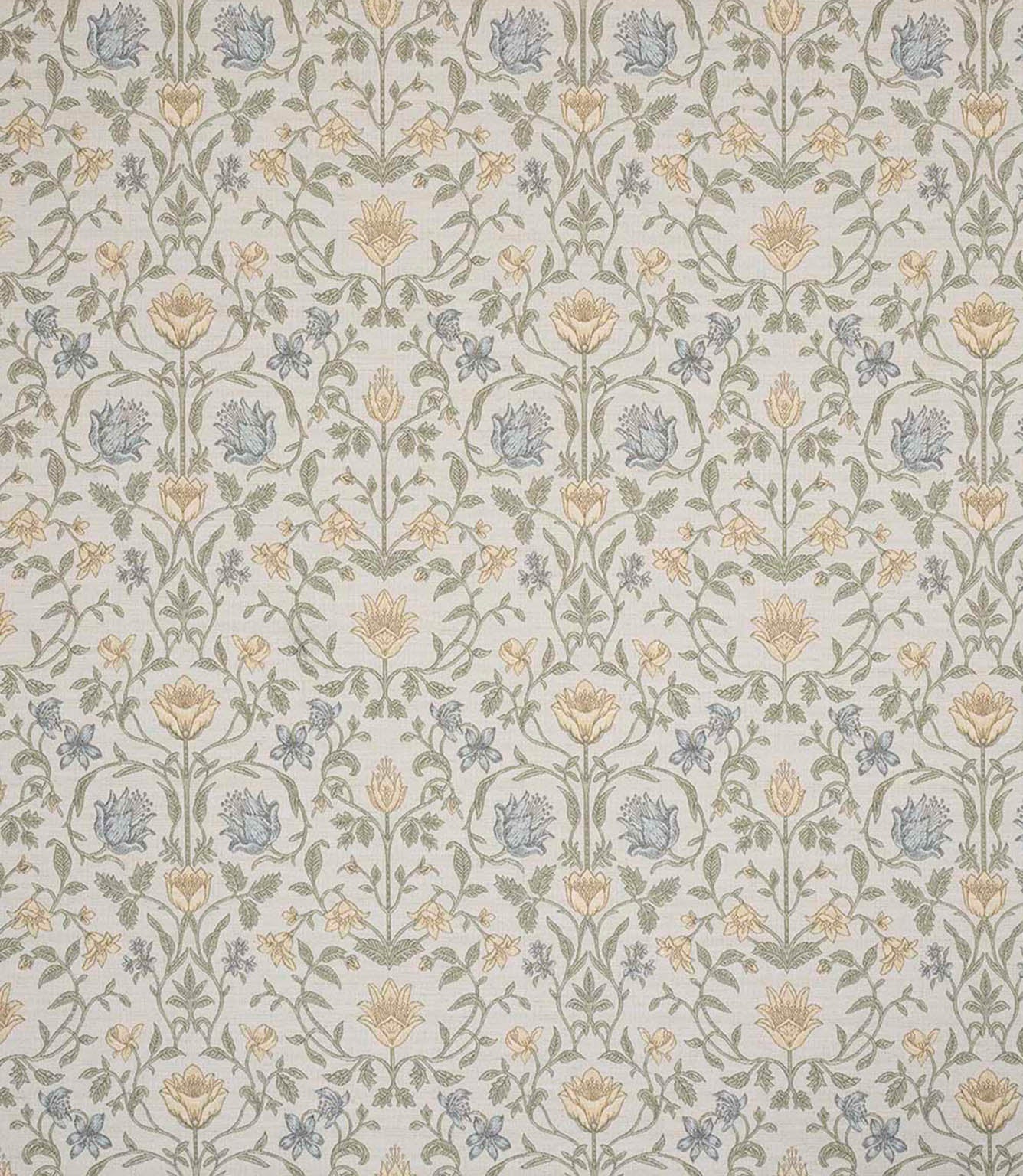 Refined traditional fabric showcasing a detailed floral and foliage pattern in soft butter yellow, pale blue and gentle green hues on a light neutral ground, creating a subtle and airy look.
