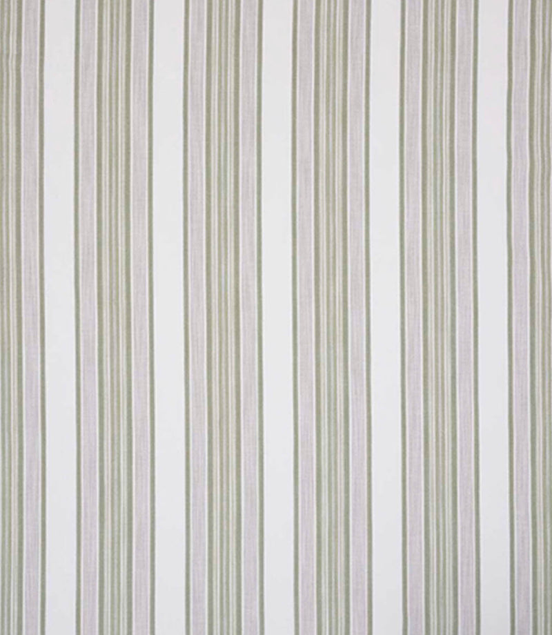 Woven stripe fabric with fine and varied vertical lines in soft green tones on a light neutral background, offering a subtle, natural look with gentle texture and an easy, relaxed rhythm.
