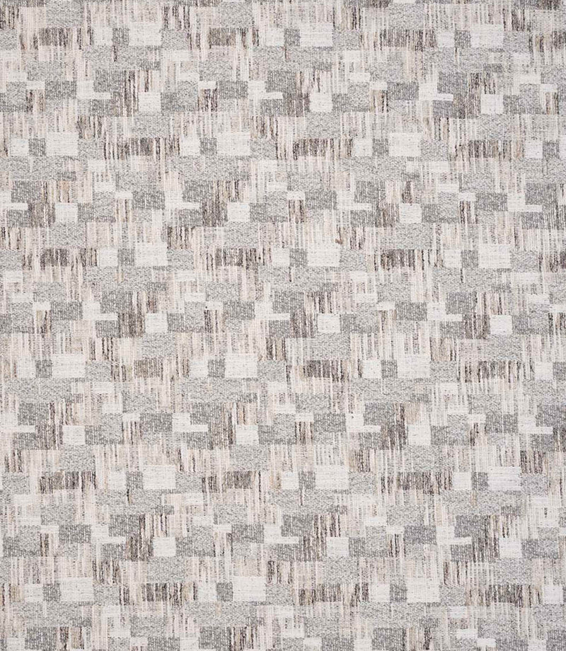 Detailed view of contemporary woven fabric showing a small-scale geometric check design in muted grey and natural tones, with subtle variation in texture and depth.
