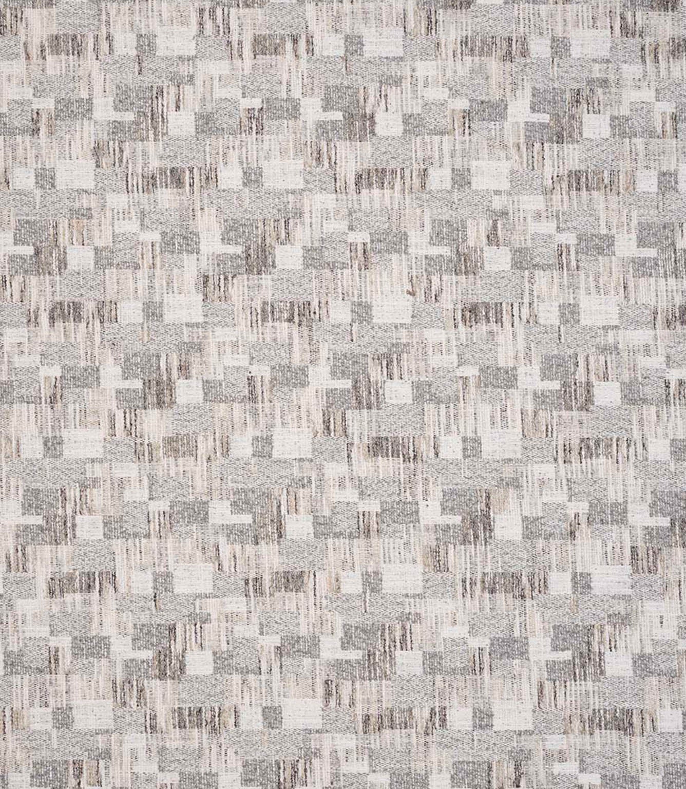 Detailed view of contemporary woven fabric showing a small-scale geometric check design in muted grey and natural tones, with subtle variation in texture and depth.