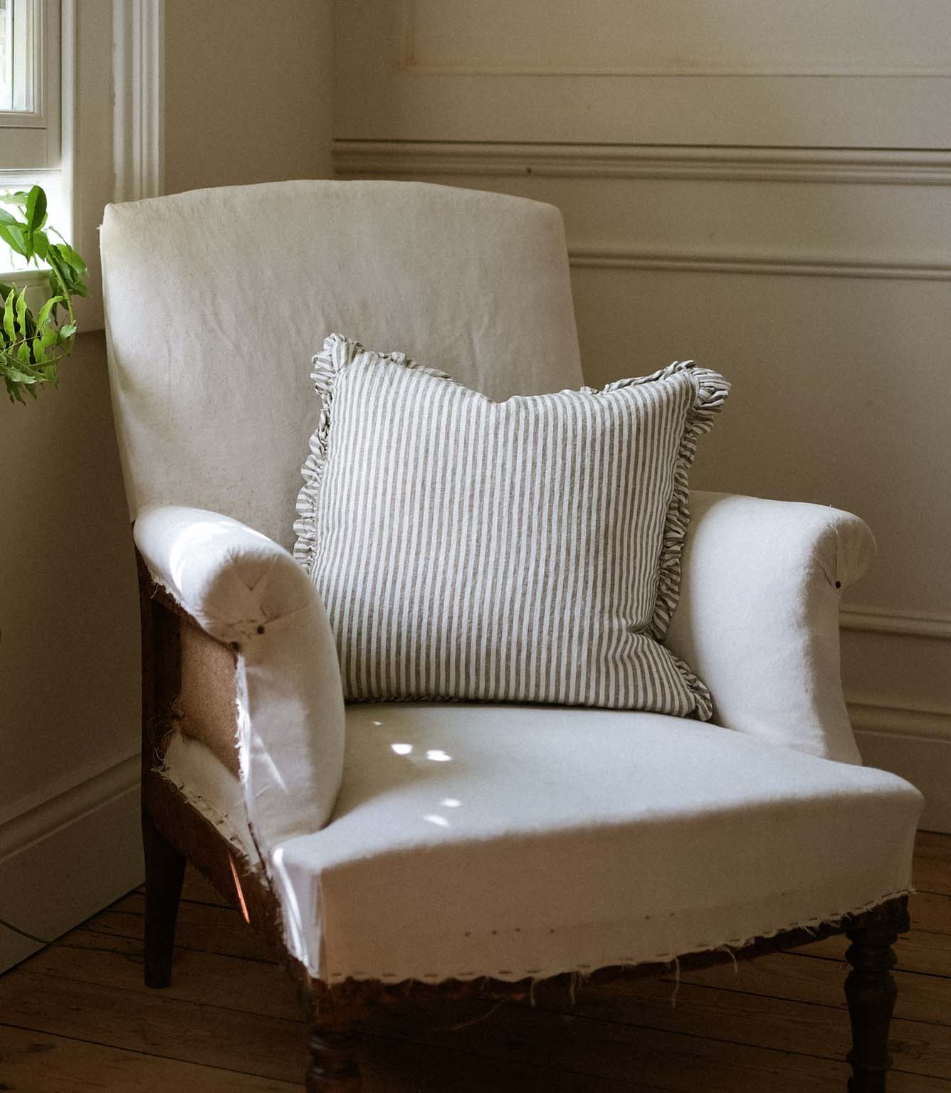 The Provence Ticking Stripe Washed Linen Cushion Olive