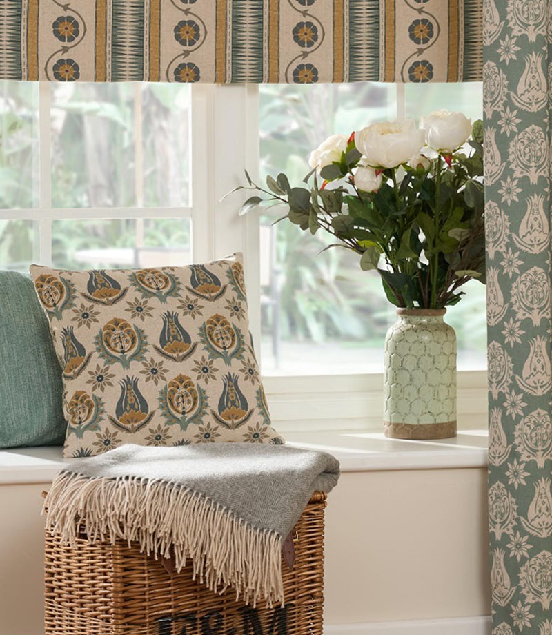 Indira Stripe designer fabric used for roman blinds and coordinated with floral curtain fabric, ideal for curtains blinds and cushions