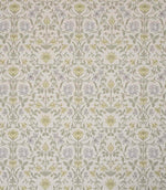 Classic botanical fabric with a repeating floral motif in soft olive green and light sage tones, complemented by muted grey detailing on a natural linen-coloured background.