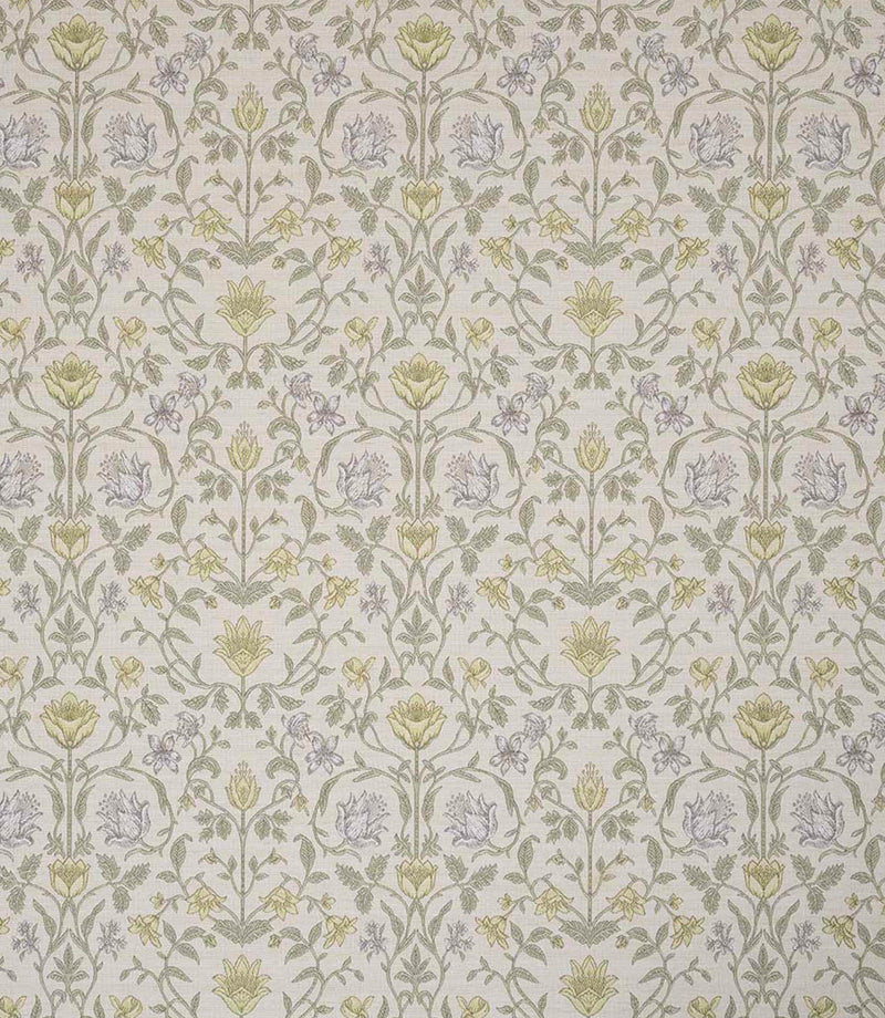 Classic botanical fabric with a repeating floral motif in soft olive green and light sage tones, complemented by muted grey detailing on a natural linen-coloured background.
