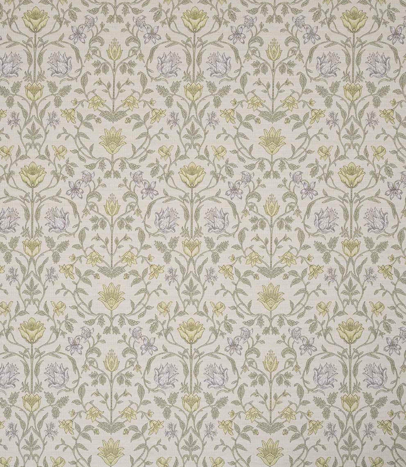 Classic botanical fabric with a repeating floral motif in soft olive green and light sage tones, complemented by muted grey detailing on a natural linen-coloured background.