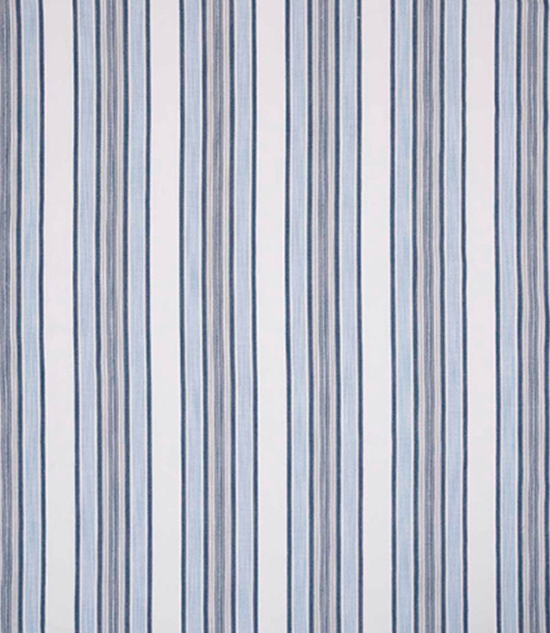 Woven stripe fabric featuring alternating narrow and wide vertical lines in soft blue tones on a light neutral background, with subtle texture and a balanced, tailored appearance.