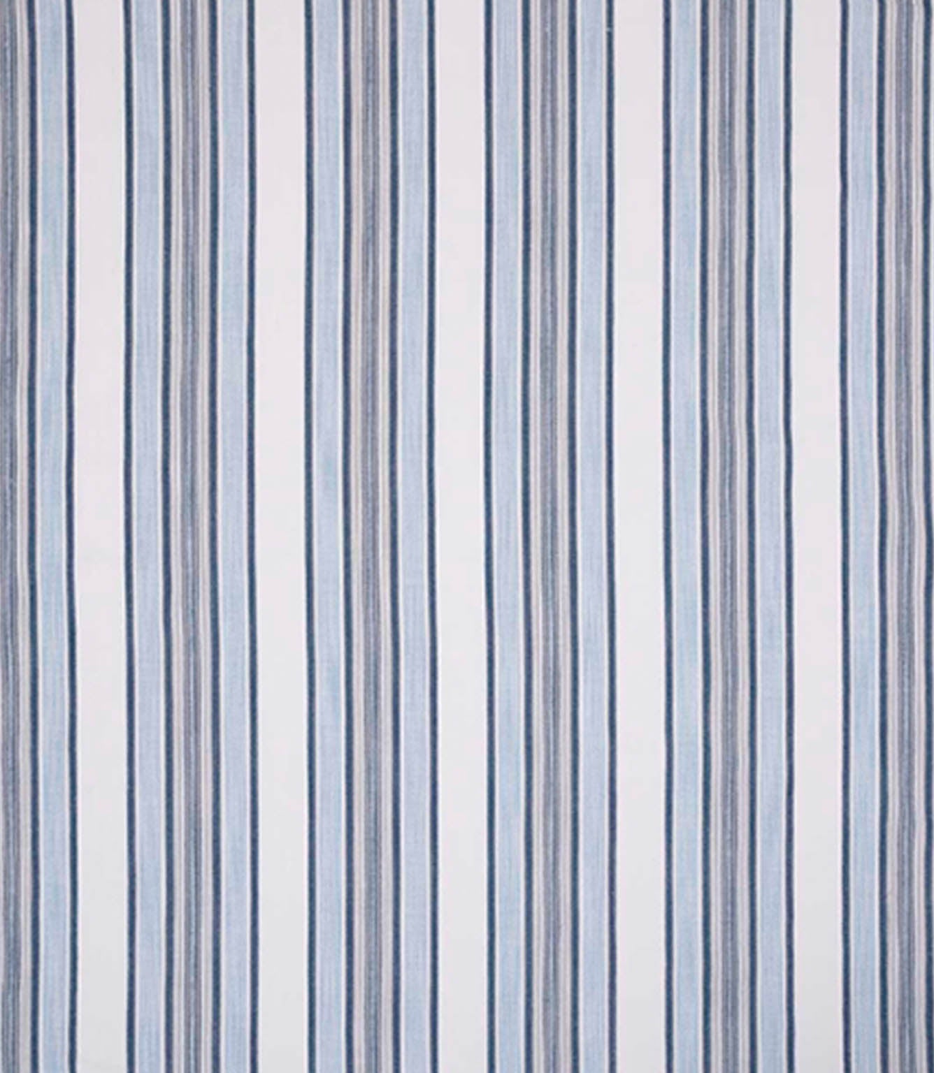 Woven stripe fabric featuring alternating narrow and wide vertical lines in soft blue tones on a light neutral background, with subtle texture and a balanced, tailored appearance.