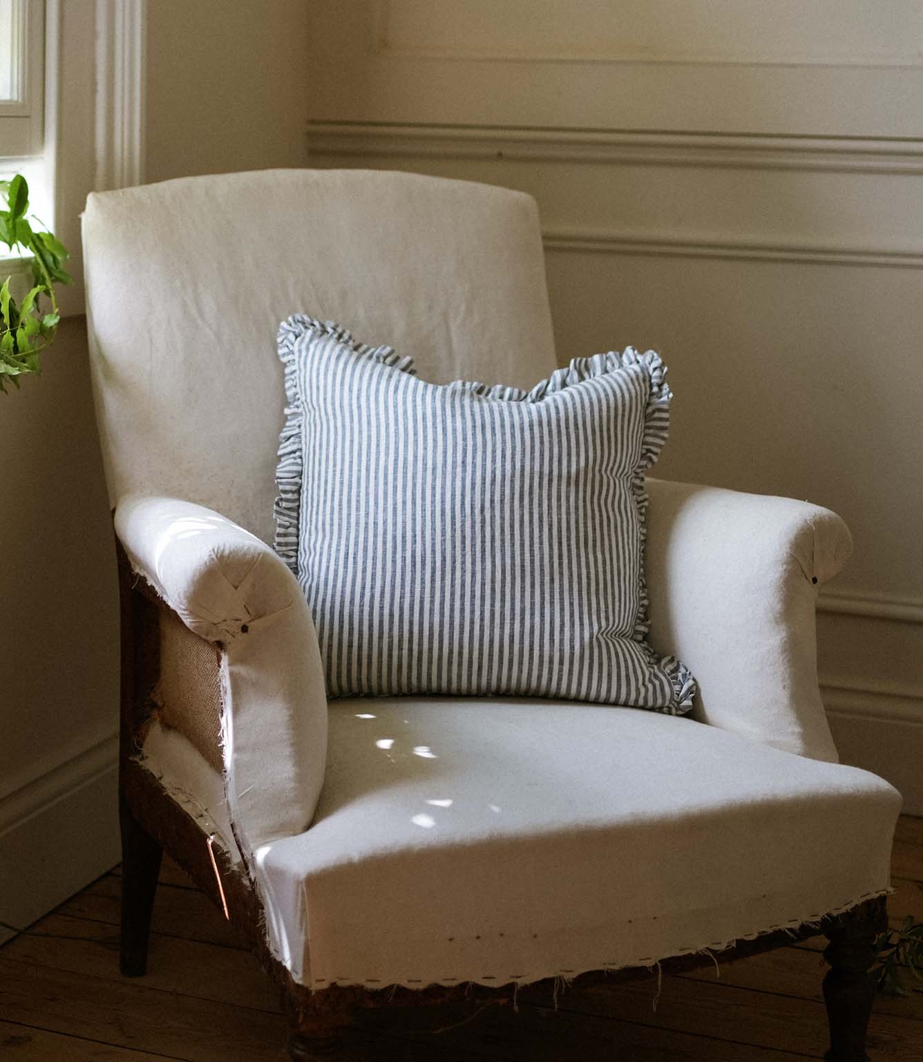 The Provence Ticking Stripe Washed Linen Cushion Blue