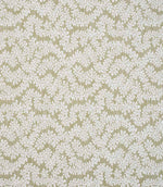Detailed view of contemporary foliage upholstery fabric in muted olive and ivory shades, highlighting the organic leaf design and woven texture.