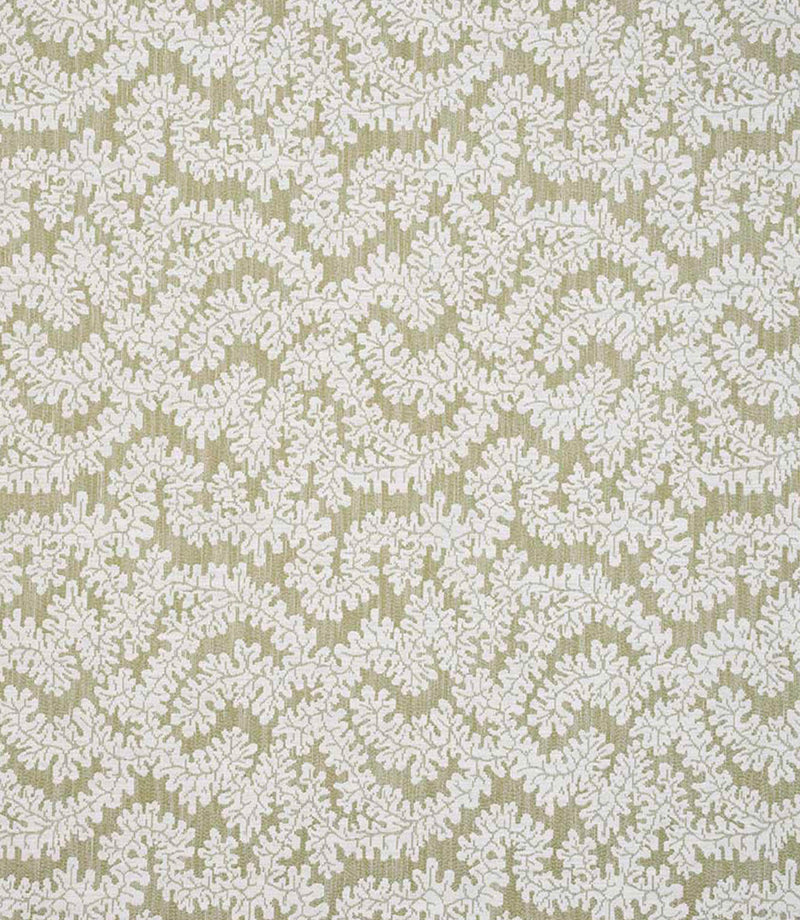 Detailed view of contemporary foliage upholstery fabric in muted olive and ivory shades, highlighting the organic leaf design and woven texture.