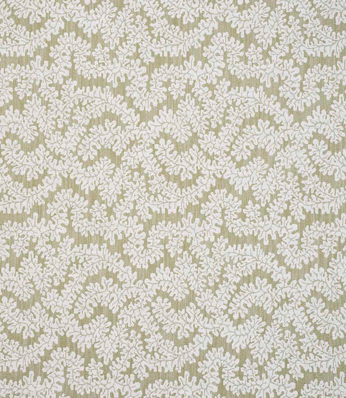 Detailed view of contemporary foliage upholstery fabric in muted olive and ivory shades, highlighting the organic leaf design and woven texture.