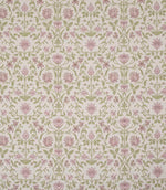Decorative floral fabric featuring a traditional pattern in dusty pinks, warm greens and soft neutrals on a light beige background, with finely drawn leaves and stylised flowers.