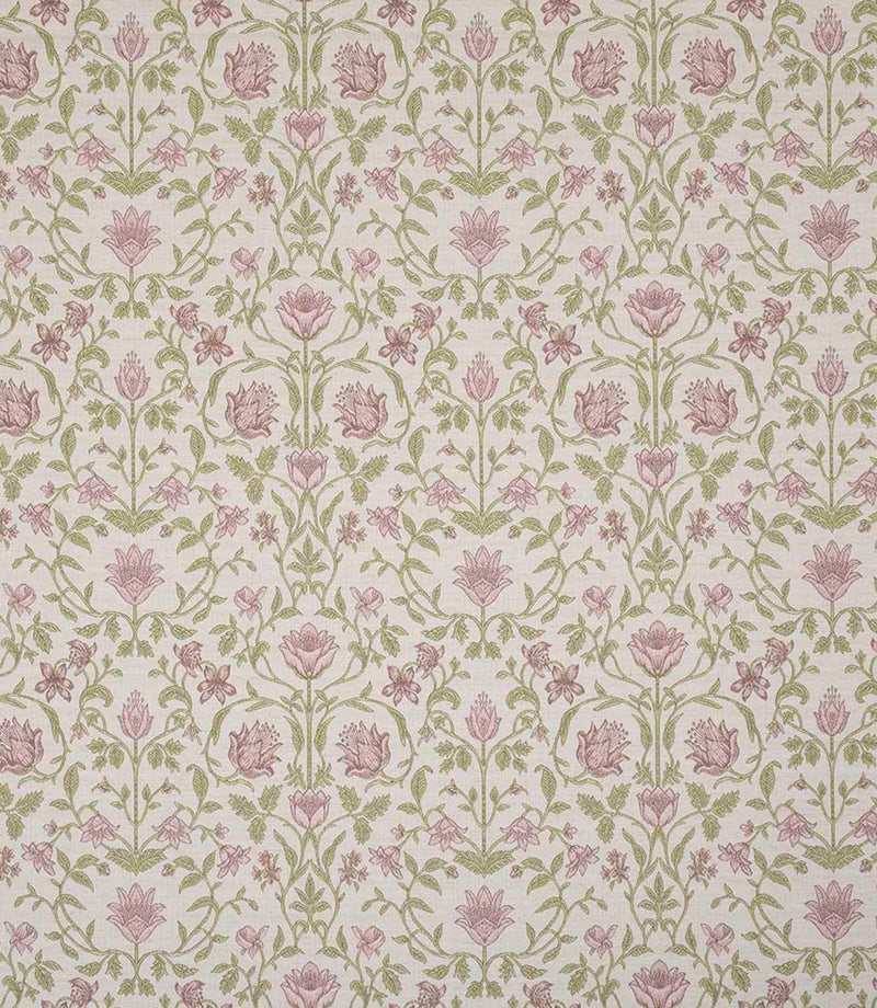 Decorative floral fabric featuring a traditional pattern in dusty pinks, warm greens and soft neutrals on a light beige background, with finely drawn leaves and stylised flowers.