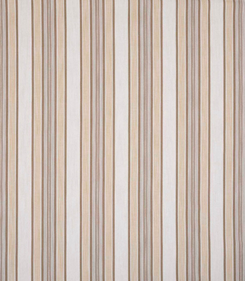 Woven stripe upholstery fabric in soft beige and neutral tones with fine linear detailing and subtle texture.