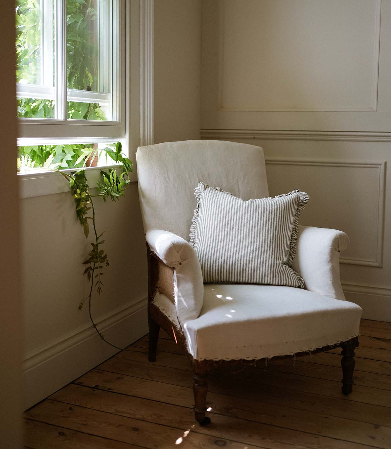 The Provence Ticking Stripe Washed Linen Cushion Olive