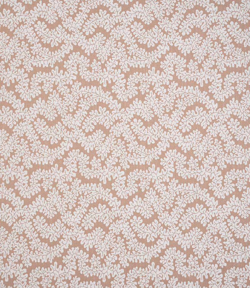 Detailed view of contemporary foliage upholstery fabric in earthy terracotta and ivory tones, showing a soft woven texture and organic leaf design.
