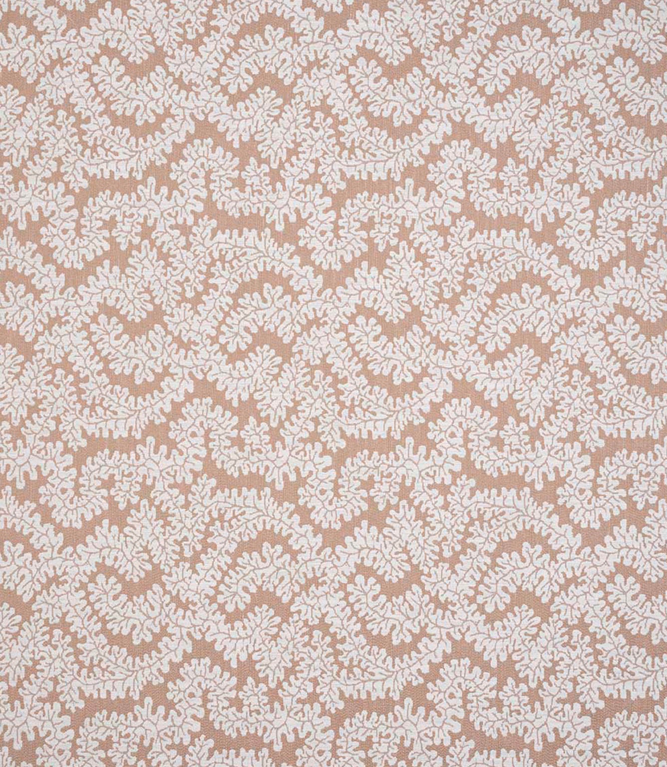 Detailed view of contemporary foliage upholstery fabric in earthy terracotta and ivory tones, showing a soft woven texture and organic leaf design.