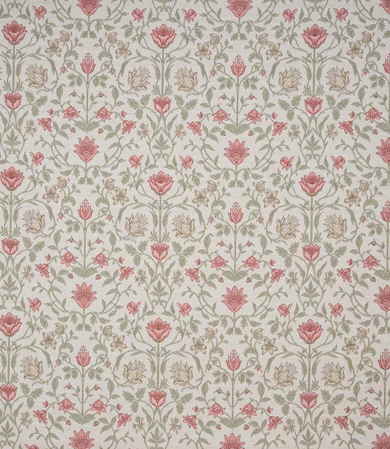 Heritage-style fabric with an intricate floral and foliage design in warm coral pink, olive green and soft taupe tones, set against a light natural background for a gently contrasting finish.