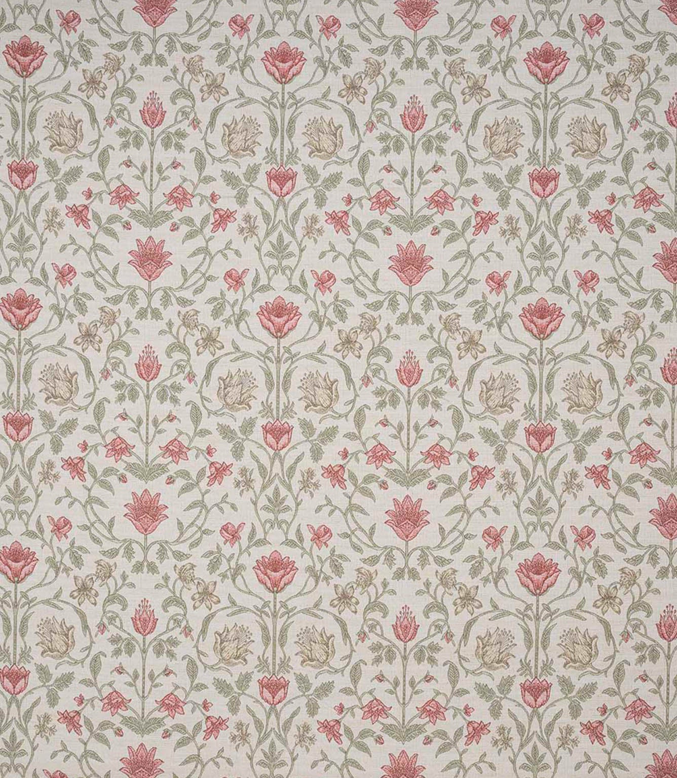 Heritage-style fabric with an intricate floral and foliage design in warm coral pink, olive green and soft taupe tones, set against a light natural background for a gently contrasting finish.