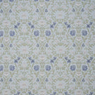 Detailed designer fabric featuring a repeating floral and foliage pattern in muted blue, green and neutral shades with a soft, classic look.