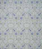 Detailed designer fabric featuring a repeating floral and foliage pattern in muted blue, green and neutral shades with a soft, classic look.