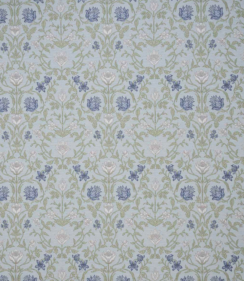 Detailed designer fabric featuring a repeating floral and foliage pattern in muted blue, green and neutral shades with a soft, classic look.