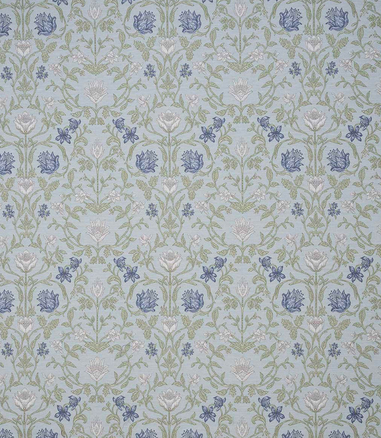 Detailed designer fabric featuring a repeating floral and foliage pattern in muted blue, green and neutral shades with a soft, classic look.