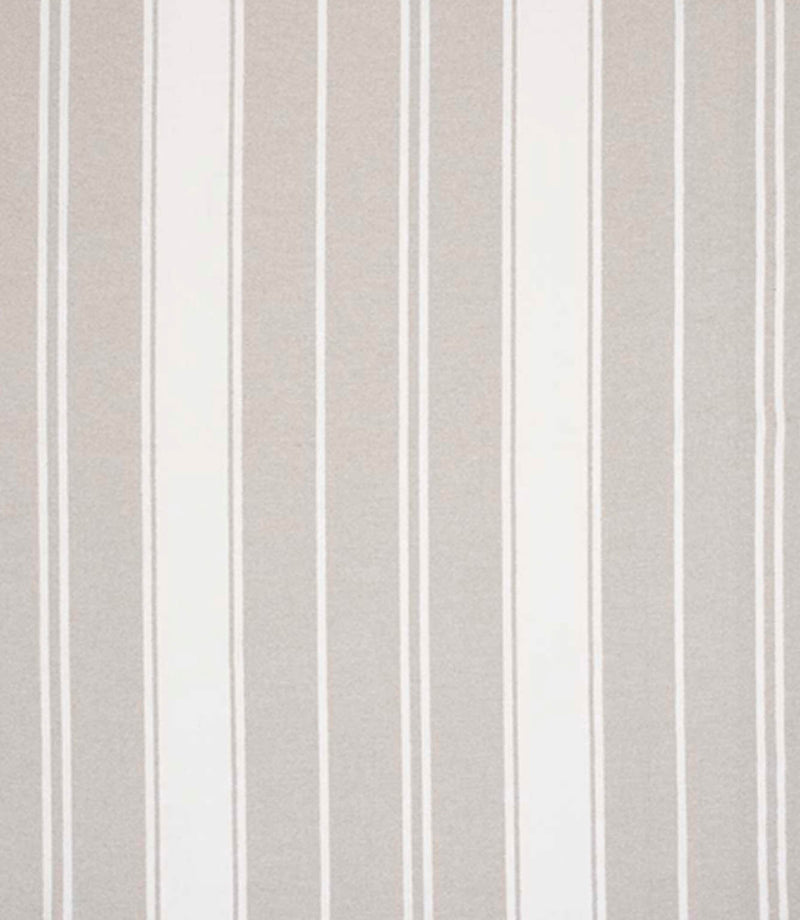 Woven stripe fabric with broad and fine vertical lines in soft grey and off-white tones on a light background, creating a calm, understated pattern with gentle texture.