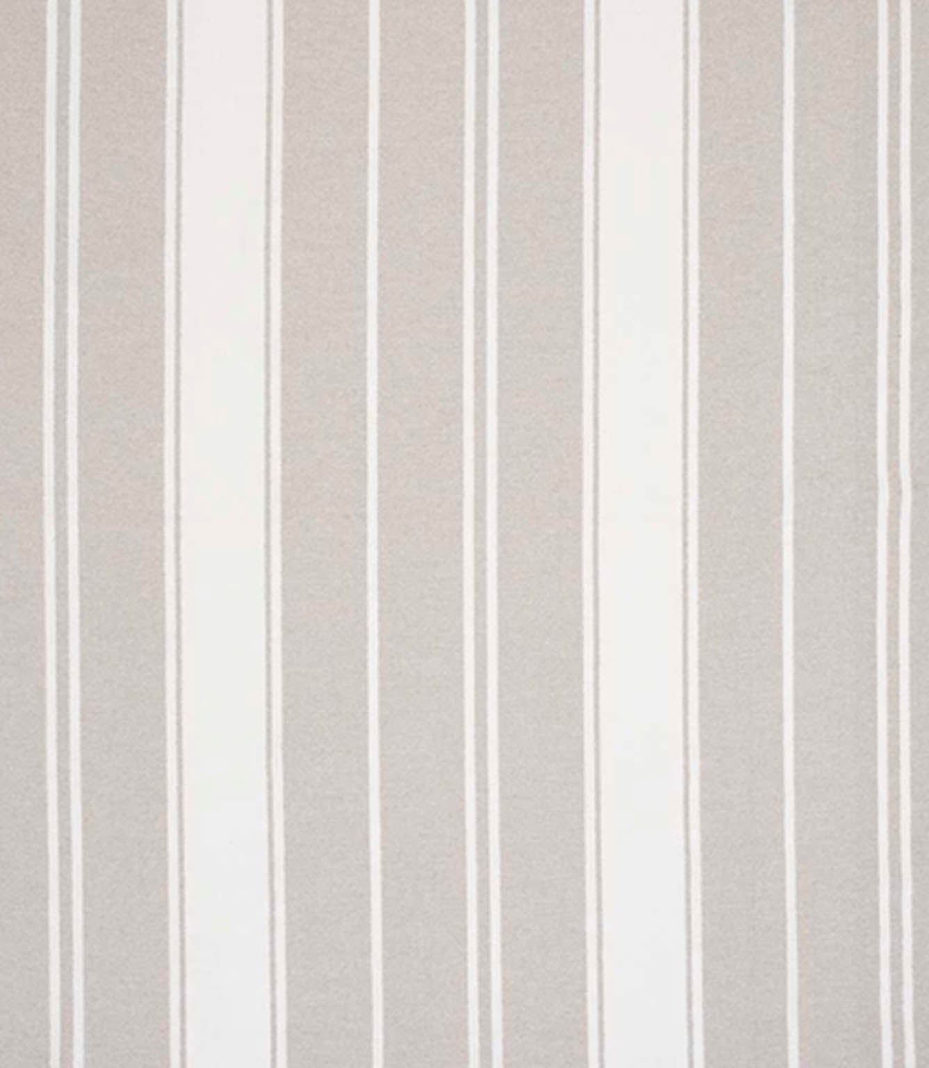 Woven stripe fabric with broad and fine vertical lines in soft grey and off-white tones on a light background, creating a calm, understated pattern with gentle texture.