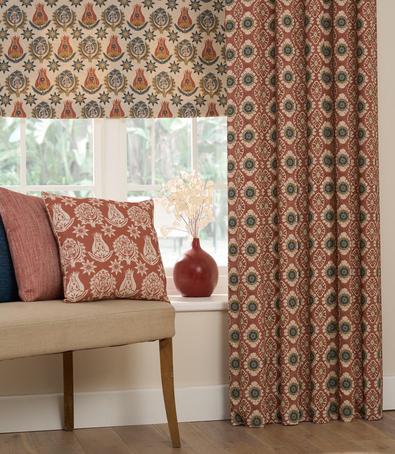 Maya designer fabric used for curtains and roman blinds with coordinating cushion, ideal for curtains blinds cushions and upholstery