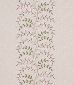 Embroidered floral and foliage fabric with a vertical trailing vine design, featuring soft pink blossoms and muted green leaves on a warm neutral linen-style background.