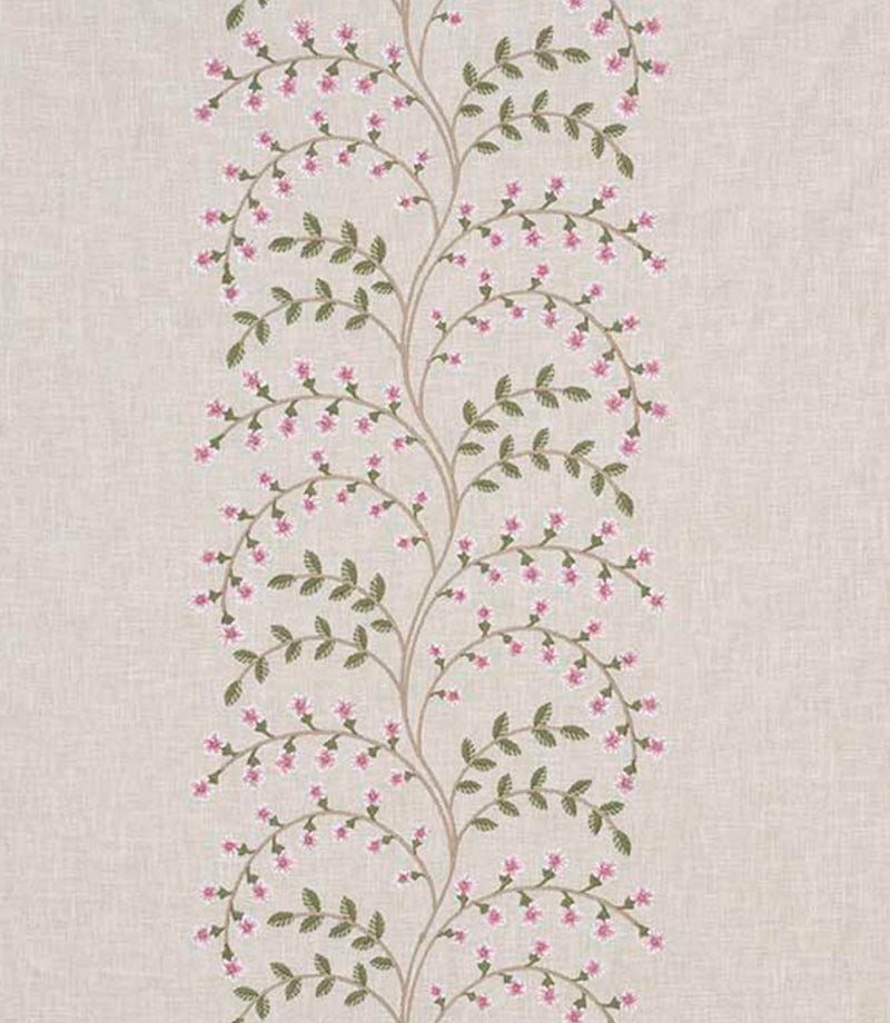 Embroidered floral and foliage fabric with a vertical trailing vine design, featuring soft pink blossoms and muted green leaves on a warm neutral linen-style background.