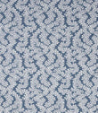 Detailed view of contemporary foliage upholstery fabric in muted blue and ivory tones, showing a natural woven texture and intricate leaf design.