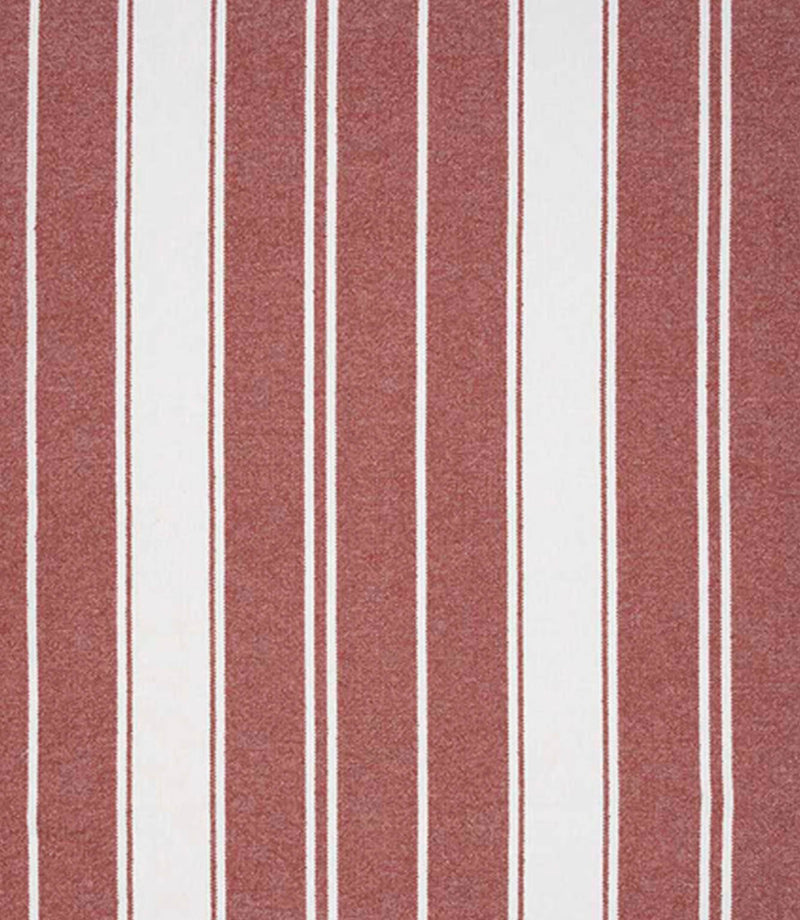 Woven stripe fabric with bold vertical bands in rich red and soft cream tones, combined with fine pinstripes for a balanced, classic striped design.