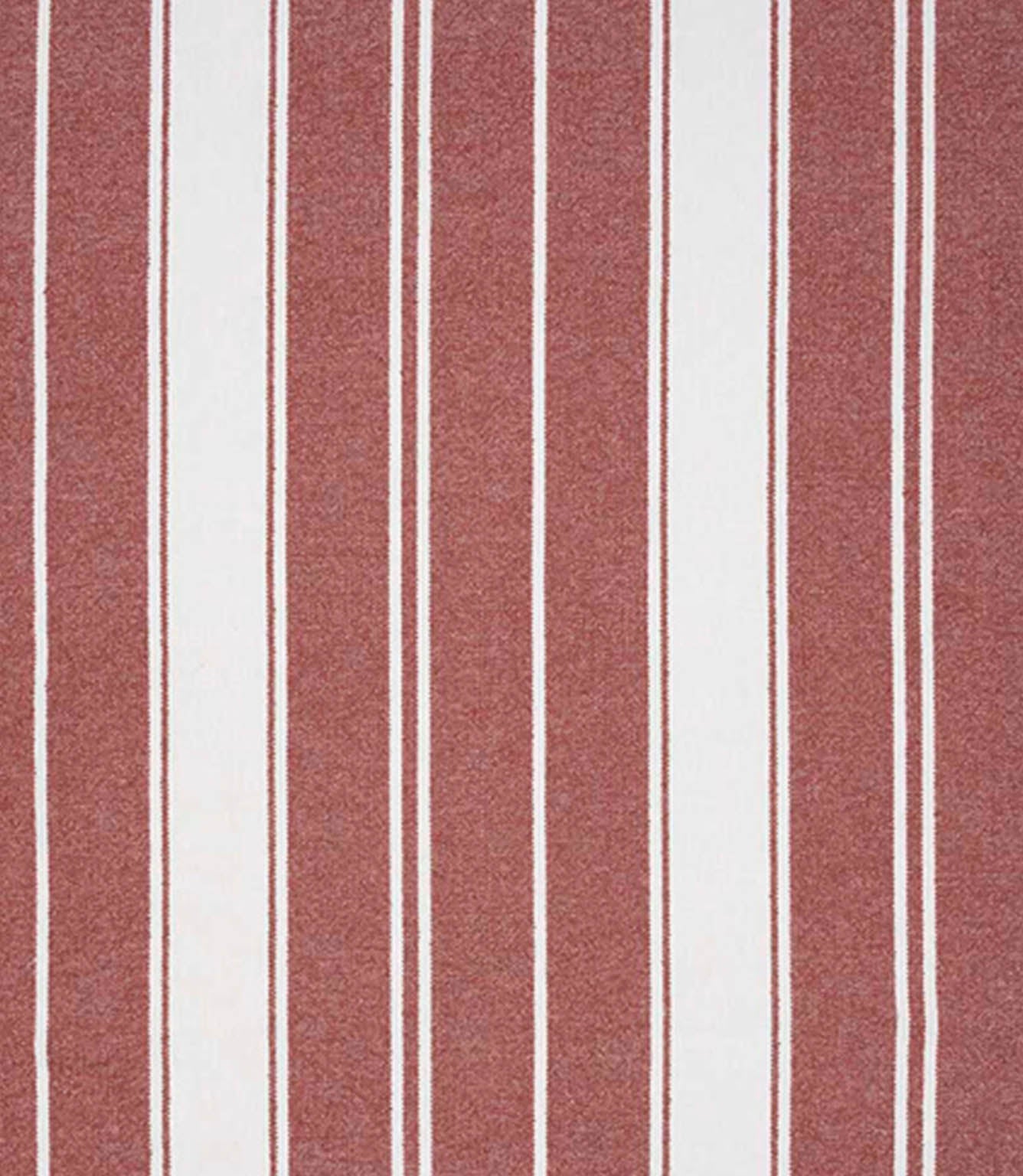Woven stripe fabric with bold vertical bands in rich red and soft cream tones, combined with fine pinstripes for a balanced, classic striped design.