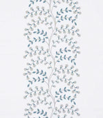 Close-up of designer embroidered foliage fabric featuring trailing stems with small blossoms in muted teal and soft grey on a warm off-white ground, highlighting texture and stitch definition.