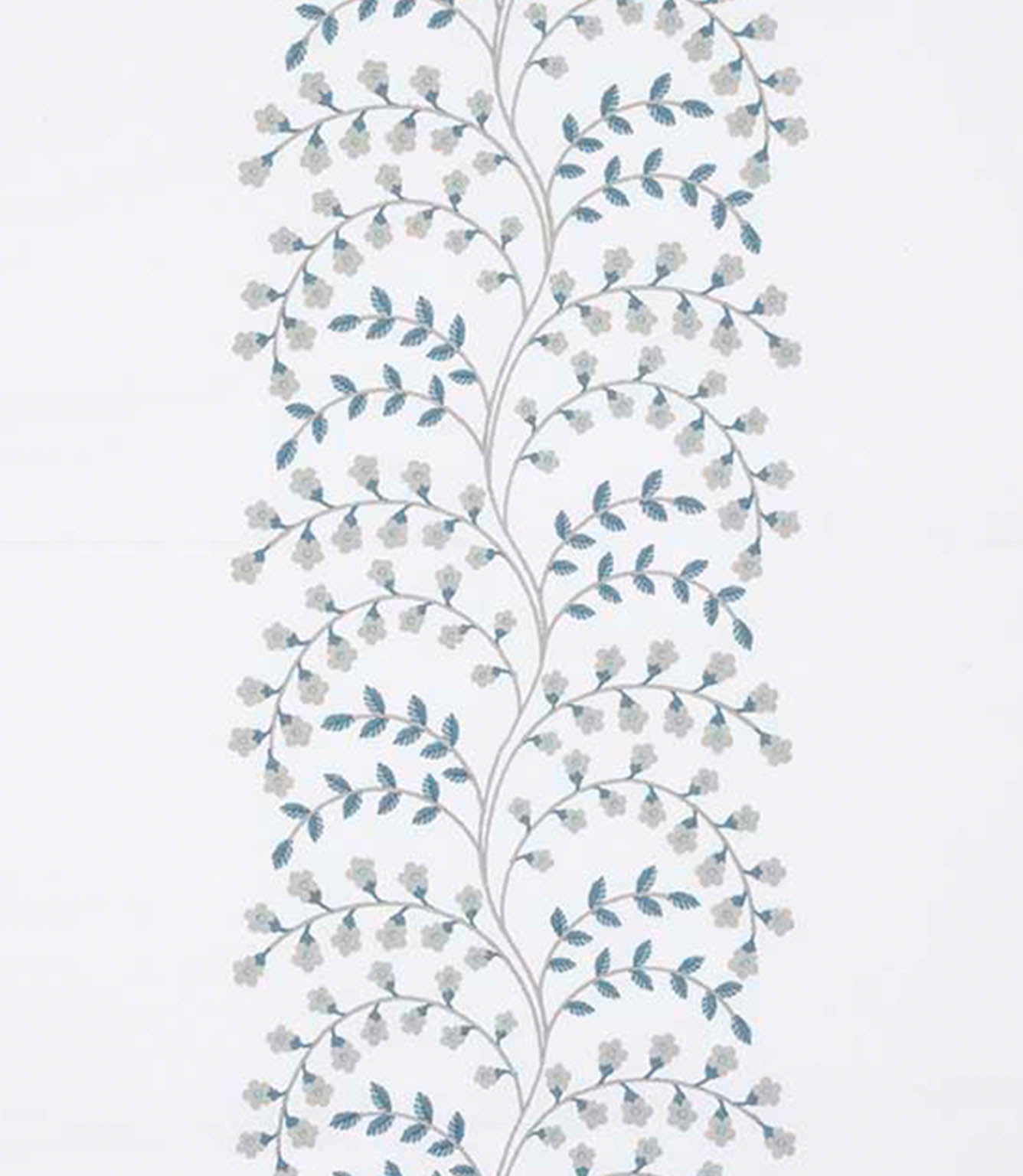 Close-up of designer embroidered foliage fabric featuring trailing stems with small blossoms in muted teal and soft grey on a warm off-white ground, highlighting texture and stitch definition.