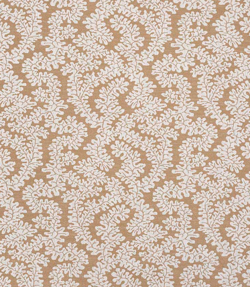 Detailed view of contemporary foliage patterned upholstery fabric in earthy brown and cream tones with a subtle woven texture.