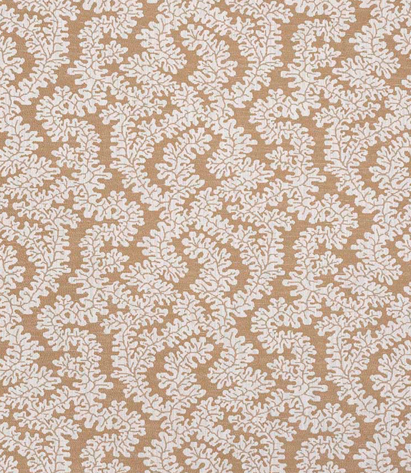 Detailed view of contemporary foliage patterned upholstery fabric in earthy brown and cream tones with a subtle woven texture.